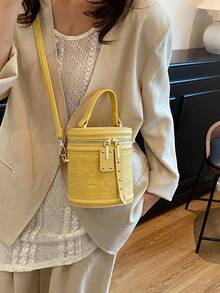 2024 Mini Red Color Contrast Handbag, Stylish Solid Color Women Cylinder Shoulder Crossbody Bag - Yellow - View 5