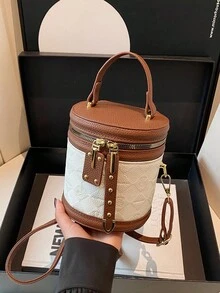2024 New Red Contrast Color Handheld Cylinder Bag, Elegant Solid Color Mini Women Shoulder Crossbody Bag - Brown - View 5