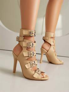 欧美风性感扣环露趾黄色细高跟凉鞋，夏季 - 黃色 - 查看 6