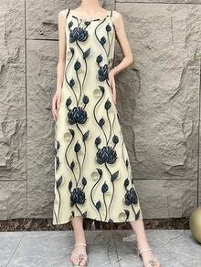Women's Lotus Pattern Sleeveless Long Dress - Casual, Slim Fit, Polyester Fabric, Spring/Summer/Autumn Series - Multicolor - View 3