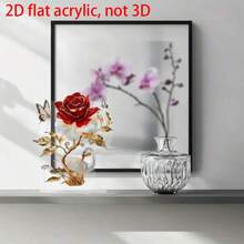 2D 平面亚克力，优雅天鹅底座搭配金色叶子，浪漫红玫瑰和蝴蝶桌面装饰，蝴蝶主题装饰，（7.9 * 6.7 英寸/20 * 16.9 厘米）透明亚克力材质，非常适合桌面装饰、家居、客厅、卧室