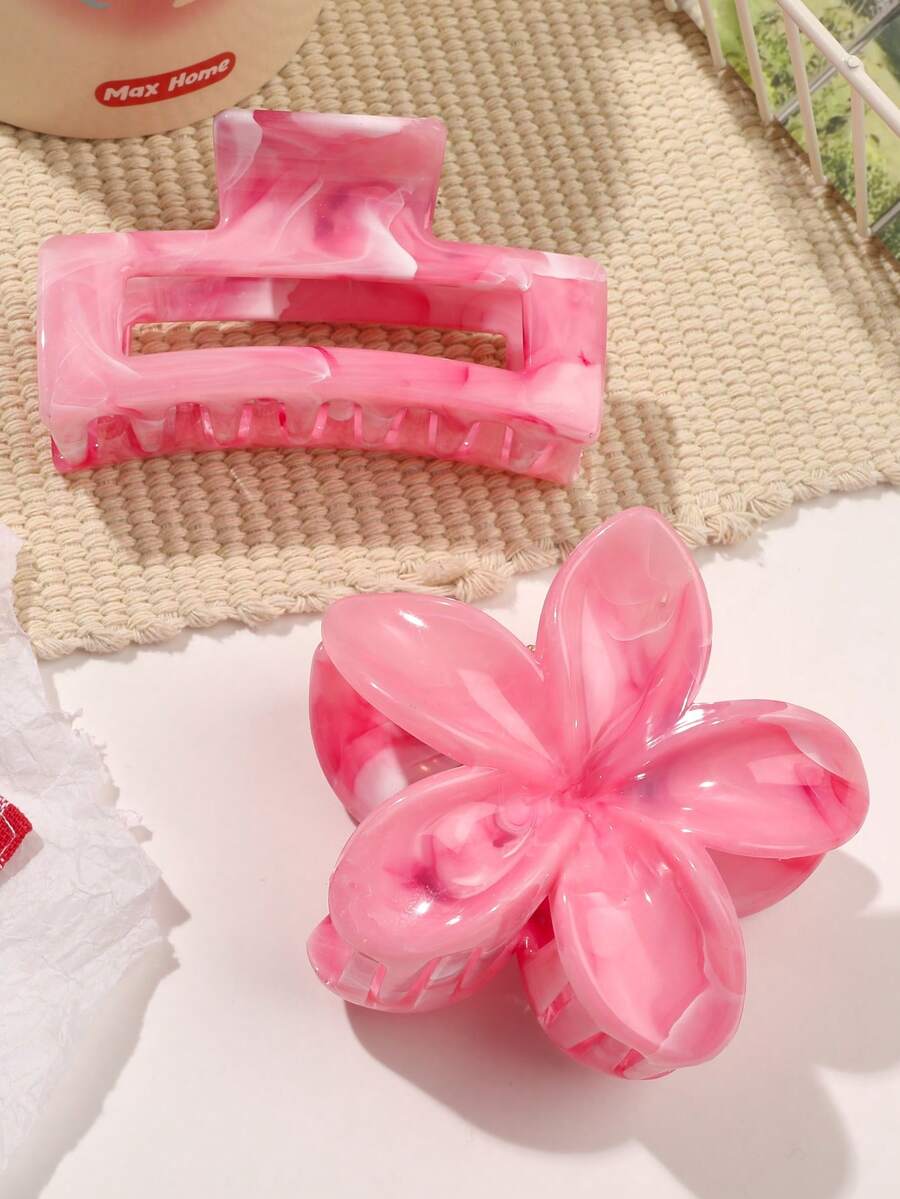 2个大理石纹理朦胧蓝波西米亚雏菊方形发爪夹,甜美海滩波西米亚风日常发饰夏季发夹发卡发夹发抓发爪夹秋冬度假装扮女士度假发夹,节日派对 - 玫粉色 - 查看 1