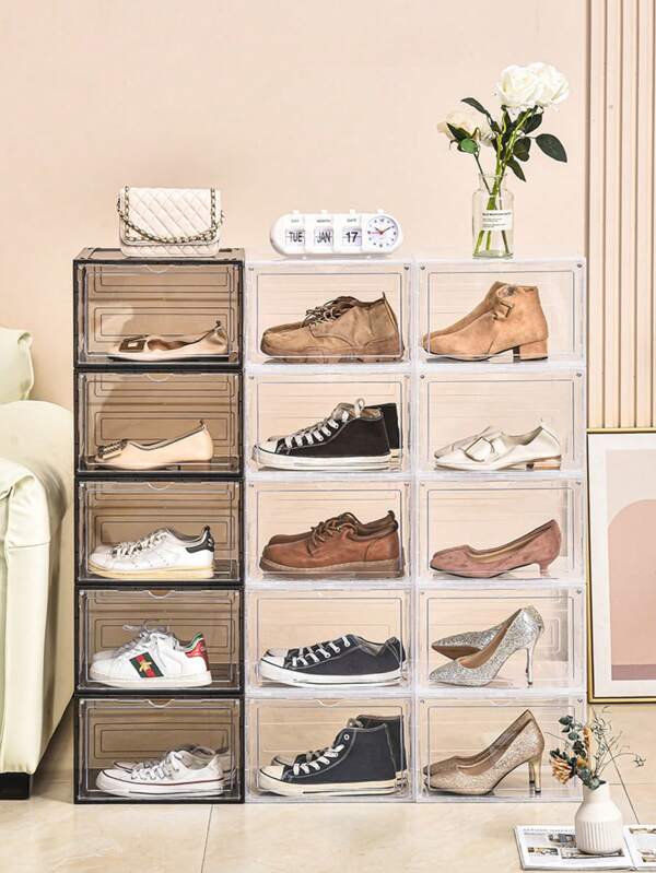 Thicken & Sturdy Clear Shoe Storage Organizer With Magnetic Door, Shoe Boxes Clear Plastic Stackable For Closet, Shoe Rack For Sneaker Boot Container, Shoe Cabinet Fit Up To US Size 12