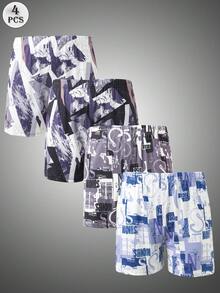 Juego de 4 pantalones cortos de pijama sueltos y cómodos con estampado gráfico y de letras, cintura elástica, multicolor, para hombres - Multicolor - Ver 2