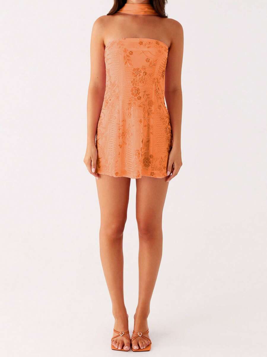 Women Sequin Beaded Sheer Tube Dress Sparkly Embroidery Strapless Rhinestone Embellished Backless Bodycon Mini Dress With Choker Scarf - 橘色 - 查看 1