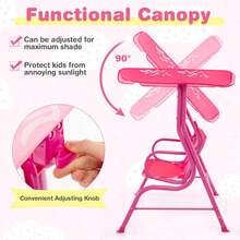 2-Seater Toddler Porch Swing Chair With Metal Stand Adjustable Canopy - Pink - View 3