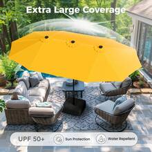 15ft Extra Large Outdoor Patio Double-Sided Umbrella With LED Solar Lights & Umbrella Base, Beige - Gold Yellow - View 3