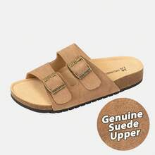 EVELLYHOOTD Suede Cork Clogs Unisex Sandals With Arch Support Comfort Buckle Flat Slippers Width Adjustable[ONE SIZE UP FOR WIDE FEET] - Maroon - View 6