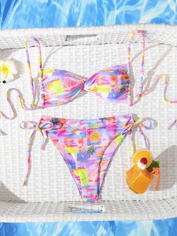 Costume da bagno per donna, bikini sexy con stampe, adatto a chi ha il seno piccolo, con arricciature