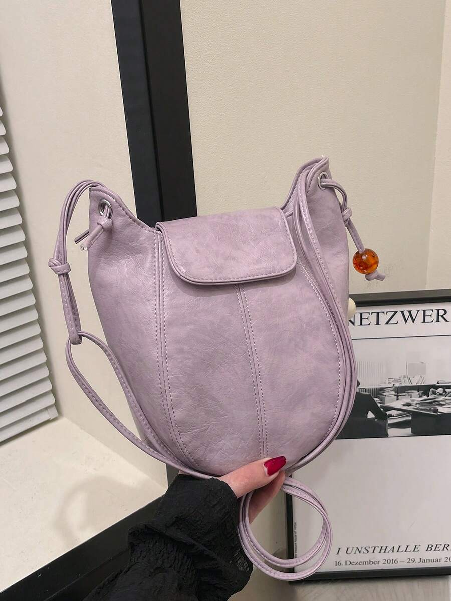 Women's Solid Color Vintage Large Capacity Splicing Shoulder Bucket Bag - Mauve Purple - View 1