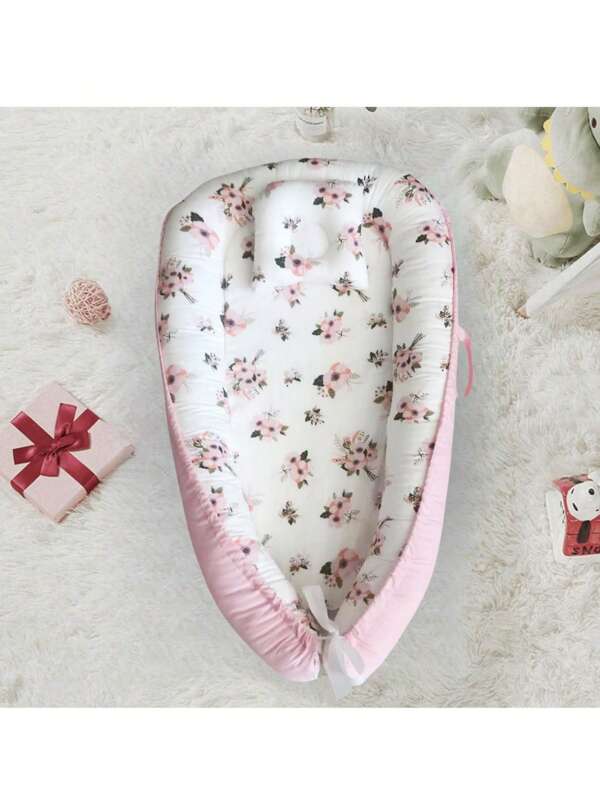 1 pieza Cuna portátil con estampado floral, transpirable, extraíble y lavable, con almohada para bebé, adecuada para niños y niñas de 0 a 1 año