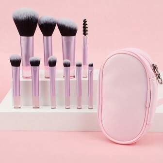 10pcs Mini Makeup Brush Set With Storage Bag, Portable Travel Essentials, Powder Brush, Contour Brush, Eyeshadow Brush, Eyebrow Brush, Concealer Brush Kit, Professional Makeup Brushes, Essential Cosmetic Tools, Ideal Gift