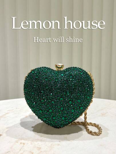 1pc Luxurious Sparkling Emerald Green Rhinestone Heart Shaped Mini Clutch Bag, Adorable Glitter Heart Handbag, Suitable For Women, Weddings, Galas, Parties And Holidays - A Great Gift For Her
