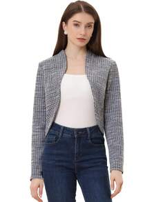 Women's Vintage Open Front Office Long Sleeve Plaid Tweed Cardigan Crop Bolero Shrug - 深灰色 - 查看 1