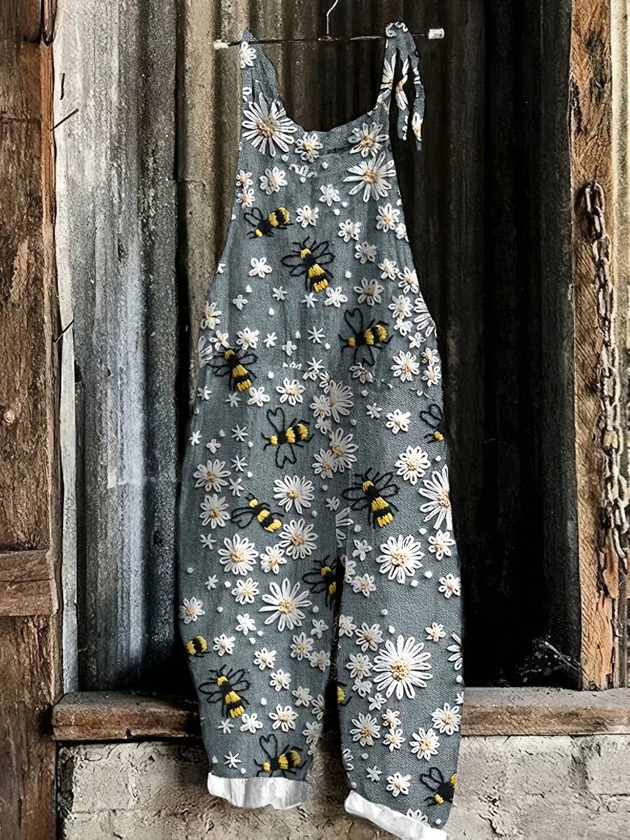 女士花卉印花连体裤，休闲假日风格