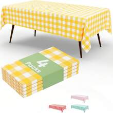 2/4pcs Yellow & Gold Color Disposable Plastic Tablecloth, Yellow & White Plaid Background, 54" X 108", Suitable For Birthday Party, Outdoor Dinner, Holiday Party Decoration