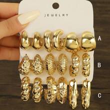 3pcs To 9pcs/Set Fashionable And Elegant European & American Style Gold Metal C-Shaped, Water Drop, Twist Design Earrings Set, Suitable For Women For Casual, Work, Party, Evening And Gifts