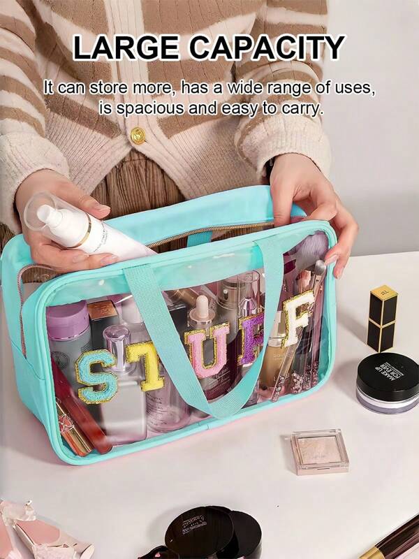 Geantă cosmetică "STUFF" cu litere minimalistă în mai multe culori, geantă de depozitare rezistentă la apă de mare capacitate, geantă pentru depozitare cosmetice cu fermoar, geantă transparentă pentru articole de toaletă, geantă portabilă pentru gustări, geantă de depozitare pentru cadouri de Crăciun, geantă neagră pentru articole de toaletă pentru călătorie.