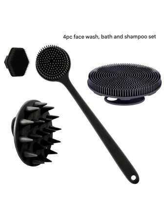 4pcs Silicone Body Brush Set - Includes 1 Long-Handled Back Cleaning Brush, 1 Short Bath Brush, 1 Hair Washing Brush, And 1 Facial Brush. These Are Non-Electric Handheld Body And Facial Brushes With A Non-Slip Grip, Strong Cleaning Ability, And Soft Bristles, Designed To Clean And Massage Every Part Of The Body. Cleaning Tools And Massage Tools.