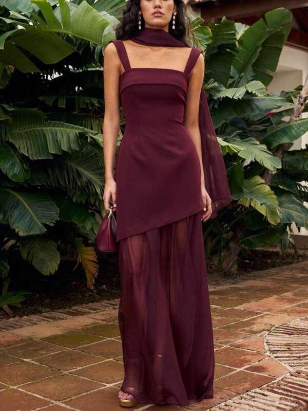 Vestido de verão feminino de chiffon de cor sólida com lenço anexado