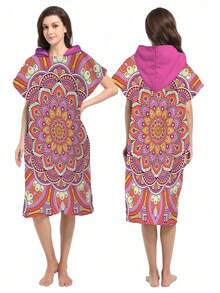 1pc Mandala Print Hooded Cape/Wearable Robe - Ultra Soft Microfiber Beach Themed Pattern, Suitable As Gift For Men, Women, Couples - Beach & Home Decor, Couples Wrap | Microfiber Bathrobe, Suitable For All Occasions Back To School - Multicolor - View 3