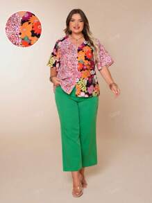Plus Size Women's Cute Button Ruffle Short Sleeve Colorblocked Floral Print V-Neck Elegant Blouse For Summer