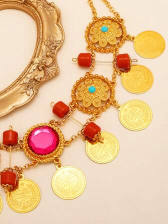 1 件阿拉伯金币流苏项链女士时尚亚克力宝石水晶花新娘婚礼珠宝