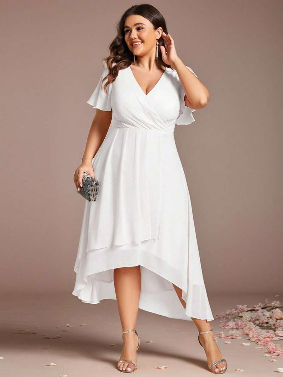 EVER-PRETTY Vestido formal elegante de talle alto hasta la rodilla con escote en V y bajo asimétrico con fruncidos para despedida de soltera, ducha nupcial, vestido de novia para boda