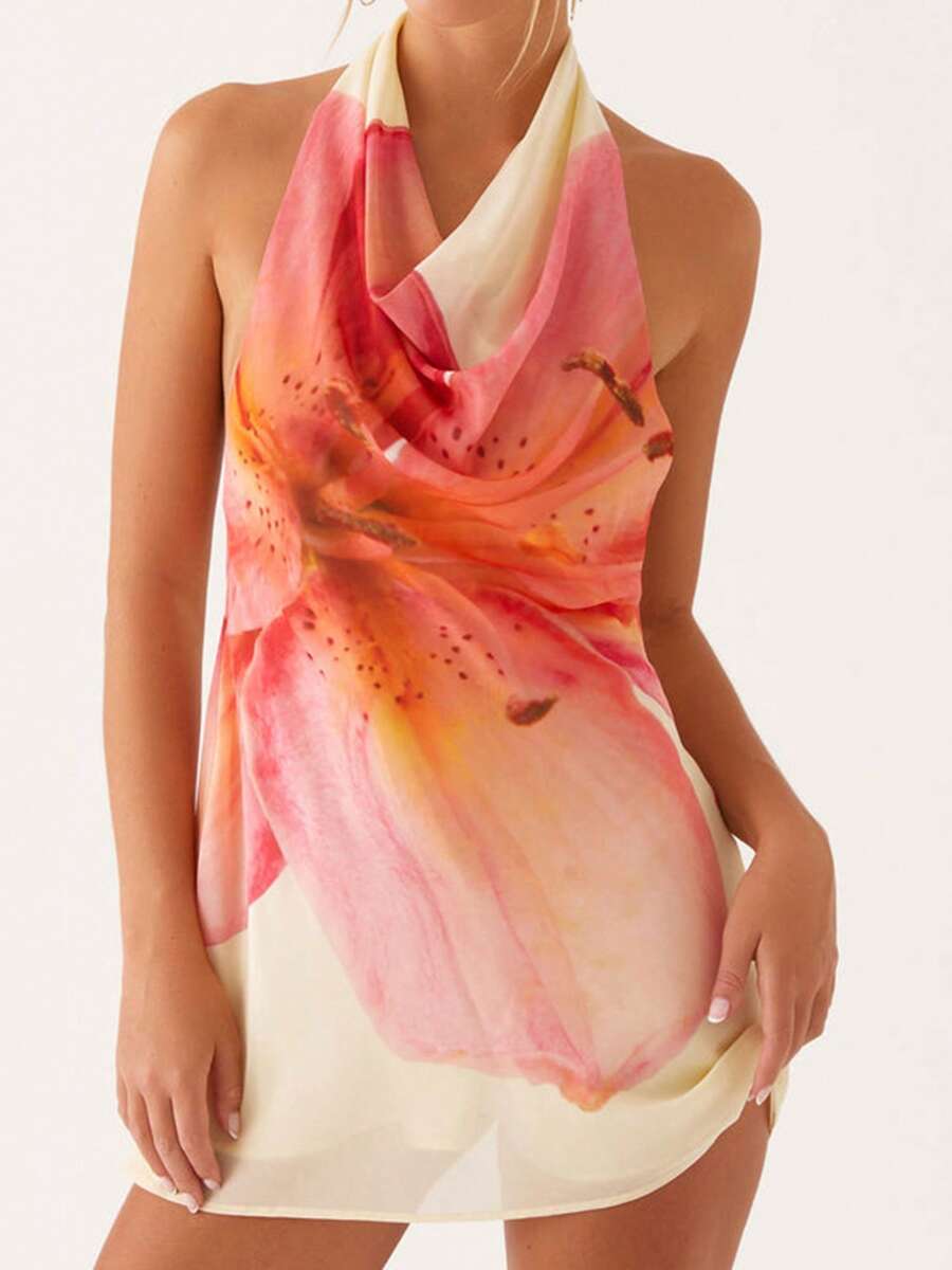 Women's Summer Halter Bodycon Mini Dress Sleeveless Flower Print Summer Beach Party Dress