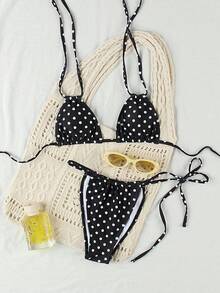 新款欧美性感休闲波点印花女士夏季海滩度假派对挂脖比基尼套装 - 彩色 - 查看 3