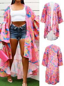 Women's Summer Chiffon Floral Print Kimono/Coverup, Long Sleeve, Asymmetrical Hem, Suitable For Outdoor, Beach, Vacation - Pink - View 9