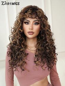 7JHH WIGS 24英寸引人注目的棕金色非裔蓬松卷发假发，适合女性佩戴 - 棕色挑染金色头发 - 长款蓬松卷发假发，带刘海，采用耐热合成纤维制成，适合日常佩戴、音乐节庆典派对角色扮演 - 服装假发配饰 - 毕业礼物 - 挑染金色 - 查看 6
