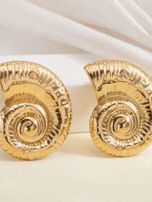 2 piezas Pendientes de botón con conchas marinas doradas exageradas, adecuados para el uso diario de las mujeres - Dorado - Ver 3