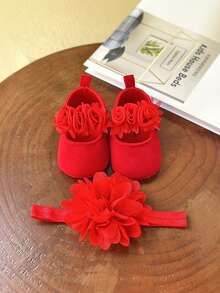 2pcs Infant Flower Infant Girls Soft Sole Princess Wedding Dress Mary Jane Flats Prewalker Newborn Light Infant Sneaker Shoes Headwear And Head Flower - Red - View 9