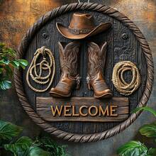 1 pieza Letrero de metal retro de vaquero de bienvenida, cartel de metal divertido, impresión plana 2D de uso múltiple, fácil de colgar, adecuado para habitación, hogar, cocina, oficina, jardín, exterior, dormitorio, sala de estar, cafetería, comedor, garaje, decoración de bar - Multicolor - Ver 6