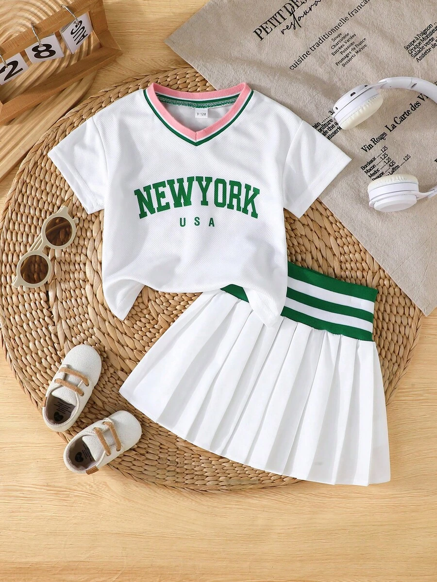 2pcs Baby Girl Girls Casual Letter Graphic Print Short Sleeve Top Matched With Pleated Skirt Sports Outfit, Suitable For School, Holiday, Cheerleading, Summer