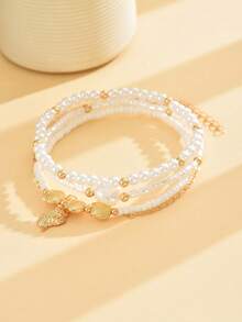 4pcs/Set Women Beach Style Shell Conch Pendant Beaded Anklets, Simple Layered Glass Pearl Chains Foot Jewelry, Suitable For Beach Vacation - White - View 5