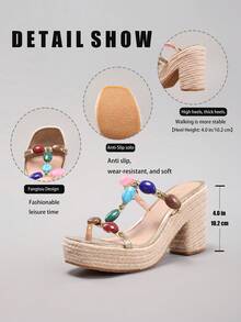 彩色串珠坡跟凉鞋，厚底，绳带，夏季度假休闲高跟防水拖鞋，女士时尚鞋日常穿着