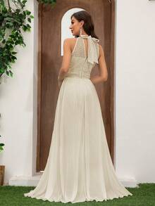 女士蕾丝露背无袖优雅连体裤高腰无袖阔腿裤雪纺飘带婚礼其他，适合新娘