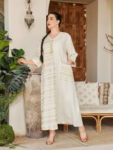 2026 New Style Ramadan Traditional Elegant Embroidered Gold Floral Dress, V-Neck Asymmetric Patchwork Creative Pocket, For Spring/Summer, Eid Al Adha - Apricot - View 10