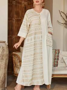 2026 New Style Ramadan Traditional Elegant Embroidered Gold Floral Dress, V-Neck Asymmetric Patchwork Creative Pocket, For Spring/Summer, Eid Al Adha - Apricot - View 11