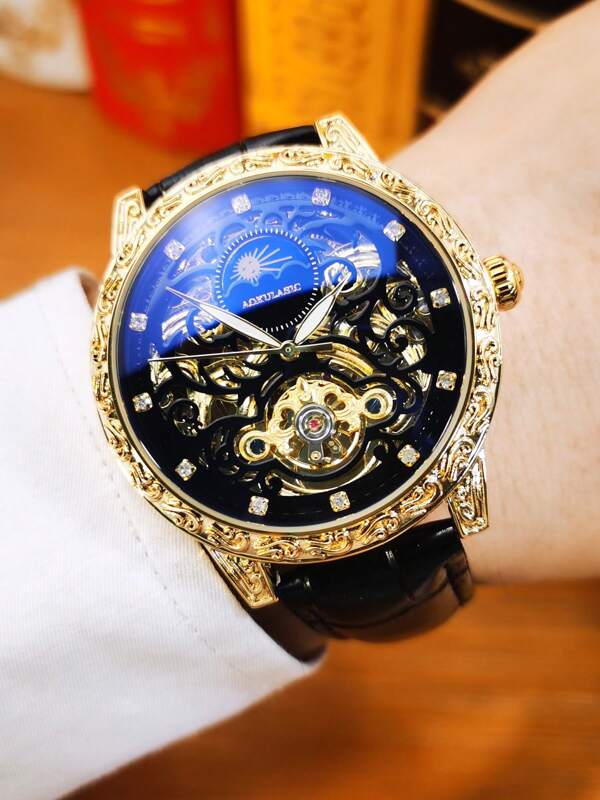 AOKULASIC 1 Stück Vintage Tourbillon Skelett Automatik mechanische Uhr für Männer mit graviertem Gehäuse, vereistem Zifferblatt, leuchtenden Zeigern und Lederarmband, Geschäfts- und Lässig uhren für Herren, Geschenk mit Box
