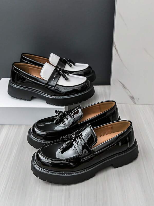 Men's Casual Loafers Fringe Decor, Glossy British Style Retro Formal Dress Shoes, Lightweight Office & Wedding Shoes