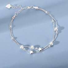 Pulseiras de Prata 925 com Contas de Estrela de Luxo para Mulheres, Pulseira Ajustável de Designer Original com Camadas Duplas, Joia de Festa