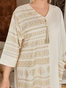 2026 New Style Ramadan Traditional Elegant Embroidered Gold Floral Dress, V-Neck Asymmetric Patchwork Creative Pocket, For Spring/Summer, Eid Al Adha - Apricot - View 4