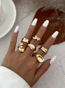 6pcs/Set Vintage Minimalist Alloy Molten Lava Teardrop Design Open Rings, Asymmetrical Fashionable Thick Metal Gold Tone Ring Set, Suitable For Women's Daily Commute, Holiday Gifts, Party Decoration, Charming Jewelry Gift Set