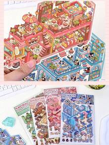 1 件套 DIY 立体风景贴纸贴画小众减压趣味手工帐篷贴纸，3D 装饰 DIY 贴纸，手工贴纸可视化 3D 堆叠立体房屋笔记本贴纸适用于小房子场景，DIY 工艺品和日记、学校用品、返校 - 彩色 - 查看 7