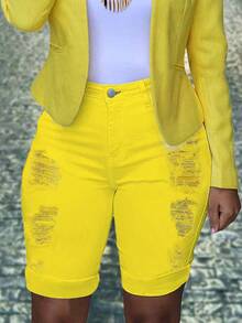 Casual Distressed Cuffed Slim Fit Denim Shorts, Spring/Summer - Yellow - View 3