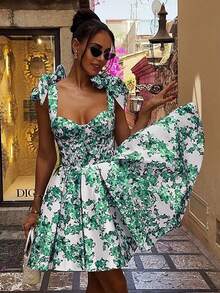 Women's Sexy Low Cut Vacation Style Fitted Floral Print Tie Waist A-Line Skirt Mini Backless Slim Strap Halter Short Dress, Vintage Elegant Swing Party Organza Temperament Bridesmaid Prom Evening Gowns, New Casual Wear Dresses, Spring Summer Fall