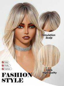 20英寸金色渐变卷发假发，带刘海，耐热合成假发，优雅直发造型，适合女性日常佩戴、派对和角色扮演 - 挑染金色 - 查看 8